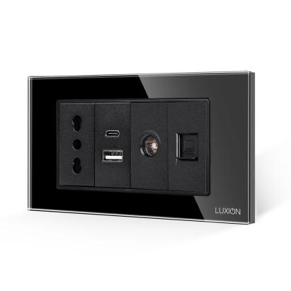 Priza Ingusta + Dubla USB + TV + Internet cu Rama Din Sticla LUXION, Standard Italian, 4M SmartElectro IntelligentHouse