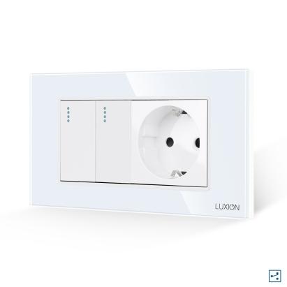 Intrerupator Dublu Cap Scara + Priza cu Rama din Sticla LUXION, Standard Italian, 4M SmartElectro IntelligentHouse