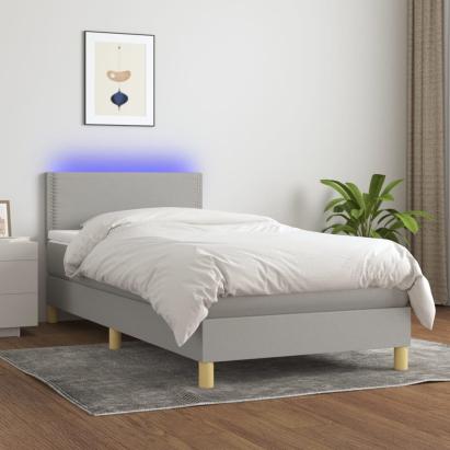 Pat cu arcuri, saltea și LED, gri deschis, 90x190 cm, textil GartenMobel Dekor