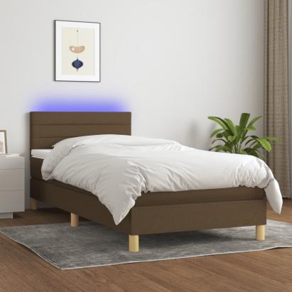 Pat cu arcuri, saltea și LED, maro închis, 90x190 cm, textil GartenMobel Dekor