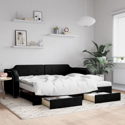 Pat de zi cu extensie și sertare, negru, 100x200 cm, textil GartenMobel Dekor