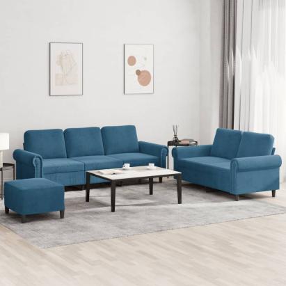 Set de canapele cu perne, 3 piese, albastru, catifea GartenMobel Dekor