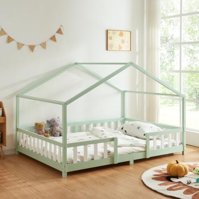Pat Copii Treviolo tip Casuta Montessori, Dimensiuni 200x120cm, Lemn de Brad, Culoare Verde Menta