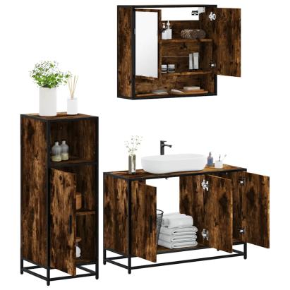 Set mobilier de baie, 3 piese, stejar fumuriu, lemn prelucrat GartenMobel Dekor