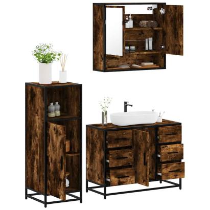 Set mobilier de baie, 3 piese, stejar fumuriu, lemn prelucrat GartenMobel Dekor