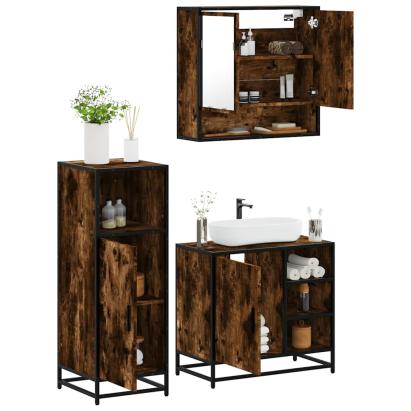 Set mobilier de baie, 3 piese, stejar fumuriu, lemn prelucrat GartenMobel Dekor