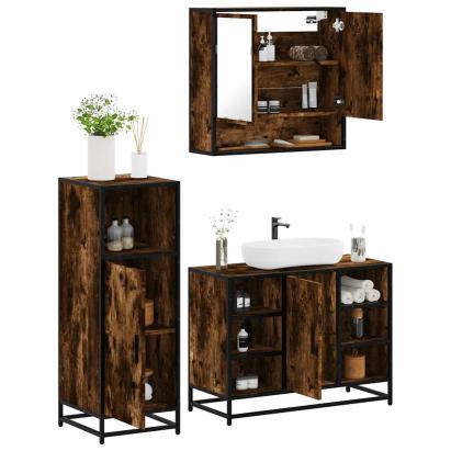 Set mobilier de baie, 3 piese, stejar fumuriu, lemn prelucrat GartenMobel Dekor