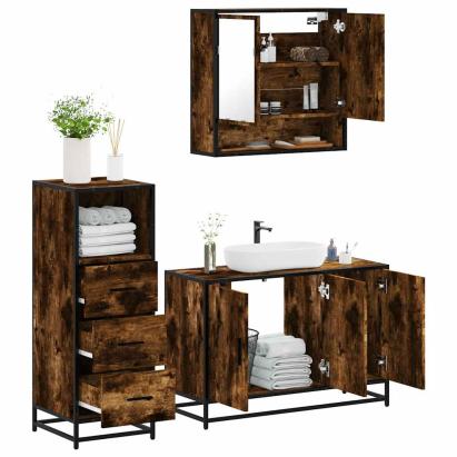 Set mobilier de baie, 3 piese, stejar fumuriu, lemn prelucrat GartenMobel Dekor
