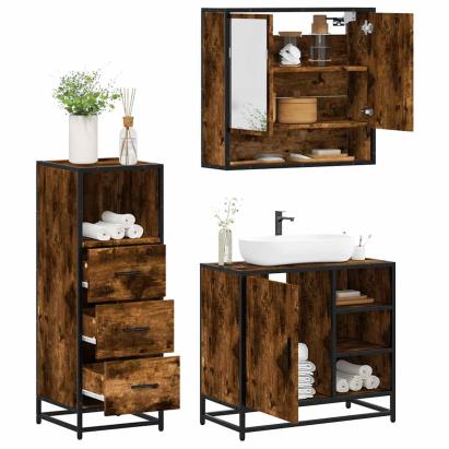 Set mobilier de baie, 3 piese, stejar fumuriu, lemn prelucrat GartenMobel Dekor