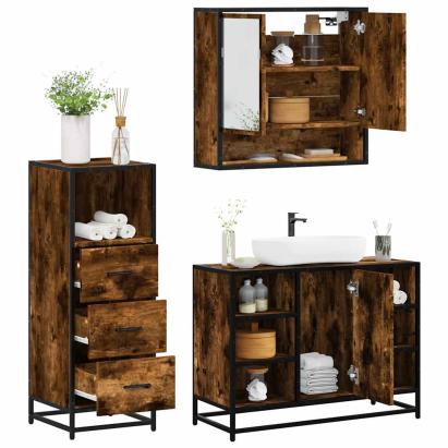 Set mobilier de baie, 3 piese, stejar fumuriu, lemn prelucrat GartenMobel Dekor