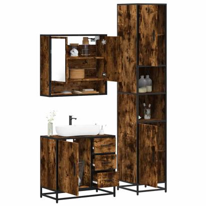 Set mobilier de baie, 3 piese, stejar fumuriu, lemn prelucrat GartenMobel Dekor