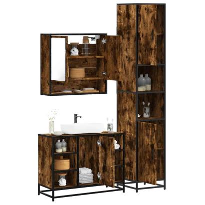 Set mobilier de baie, 3 piese, stejar fumuriu, lemn prelucrat GartenMobel Dekor