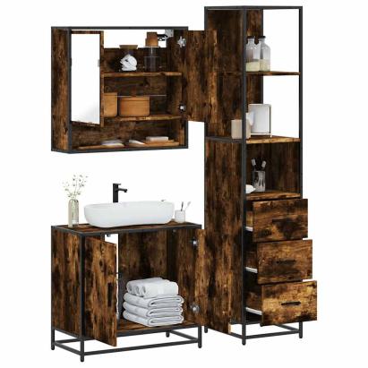 Set mobilier de baie, 3 piese, stejar fumuriu, lemn prelucrat GartenMobel Dekor