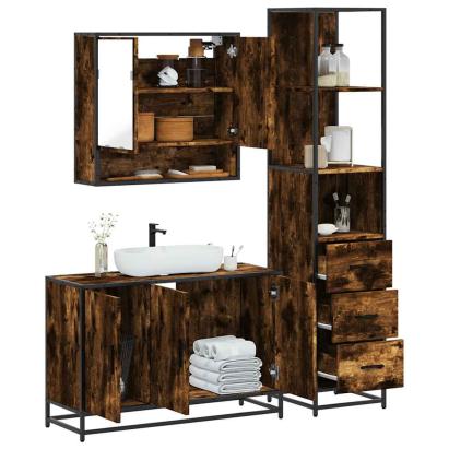 Set mobilier de baie, 3 piese, stejar fumuriu, lemn prelucrat GartenMobel Dekor