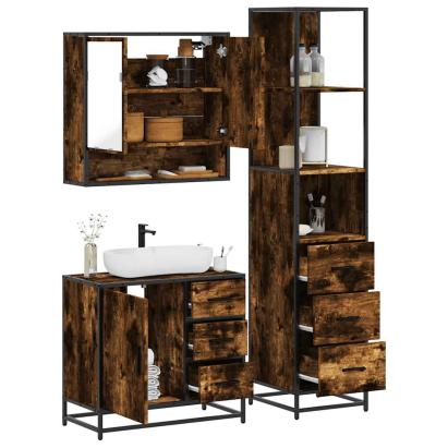 Set mobilier de baie, 3 piese, stejar fumuriu, lemn prelucrat GartenMobel Dekor