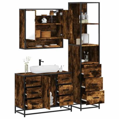 Set mobilier de baie, 3 piese, stejar fumuriu, lemn prelucrat GartenMobel Dekor