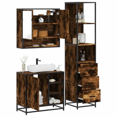 Set mobilier de baie, 3 piese, stejar fumuriu, lemn prelucrat GartenMobel Dekor