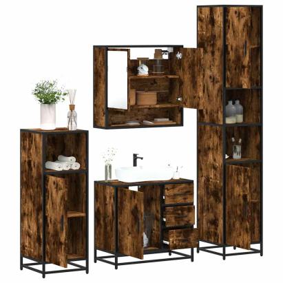 Set de mobilier de baie 4 piese Lemn prelucrat de stejar afumat GartenMobel Dekor