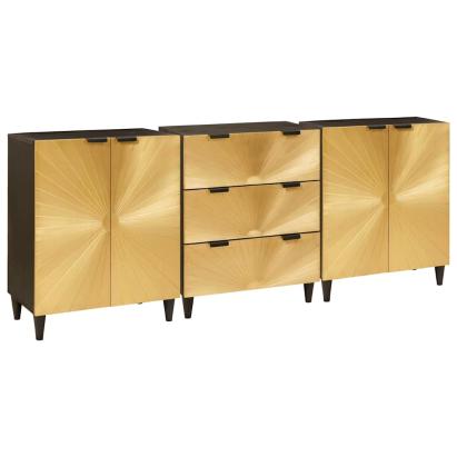 Bufet 3 pcs Negru și Aur 60 x 33 x 75 cm Lemn masiv de mango GartenMobel Dekor