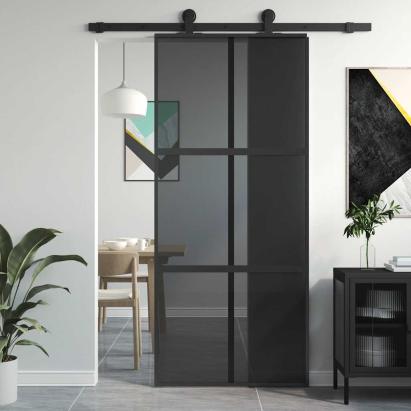 Ușă glisantă, negru, 90x205 cm, sticlă securizată și aluminiu GartenMobel Dekor