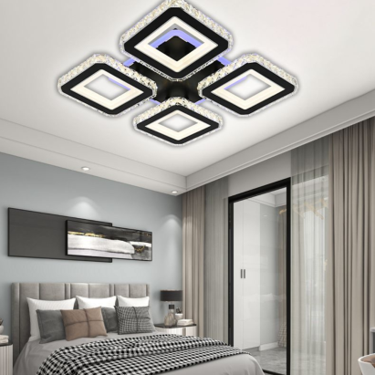 Lustra LED cu telecomanda si cristal LEILA RGB 79W, 4 Patrate, lumina Rece/Calda/Neutra, Dimabila, Negru Crom Lucios ModernLight Concept