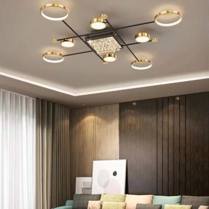 Lustra LED cu telecomanda si cristal MISEL 168W, 9 Elemente, lumina Rece/Calda/Neutra, Dimabila, Negru Auriu ModernLight Concept