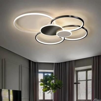 Lustra LED cu telecomanda KILLIAN 74W, 6 Cercuri, lumina Rece/Calda/Neutra, Dimabila, Negru Alb ModernLight Concept