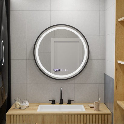 Oglinda LED Rotunda, 70cm, Celeste Majeste Noir MotionGlow Marcello, Sistem Dezaburire, Ceas & Termometru, Dimabila ModernLight Concept