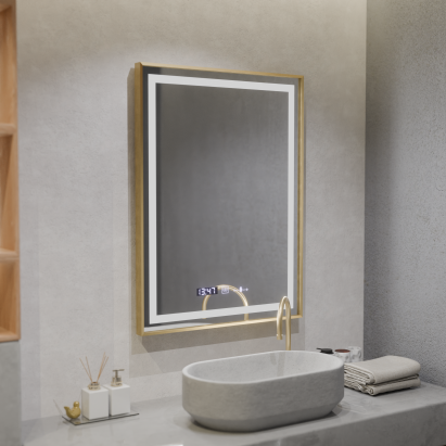 Oglinda LED Rectangulara, 60x80cm, Verite Royale Gold MotionGlow Marcello, Sistem Dezaburire, Ceas & Termometru, Dimabila ModernLight Concept