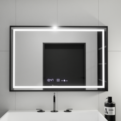 Oglinda LED Rectangulara, 100x80cm, Verite Majeste Noir MotionGlow Marcello, Sistem Dezaburire, Ceas & Termometru, Dimabila ModernLight Concept