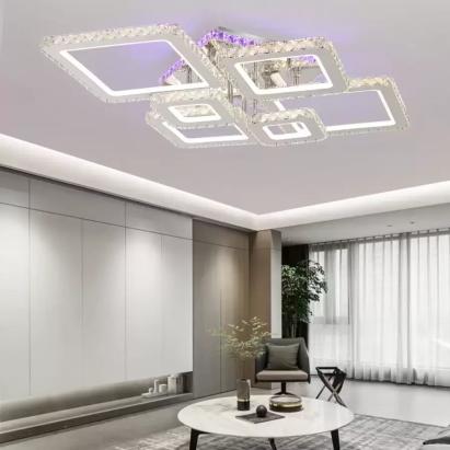 Lustra LED cu telecomanda si cristal NOVA RHOMBA RGB 178W, 6 Patrate, lumina Rece/Calda/Neutra, Dimabila, Crom Lucios ModernLight Concept
