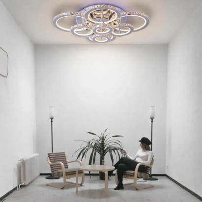 Lustra LED cu telecomanda si cristal LIA RGB 182W, 8 Cercuri, lumina Rece/Calda/Neutra, Dimabila, Alb Crom Lucios ModernLight Concept