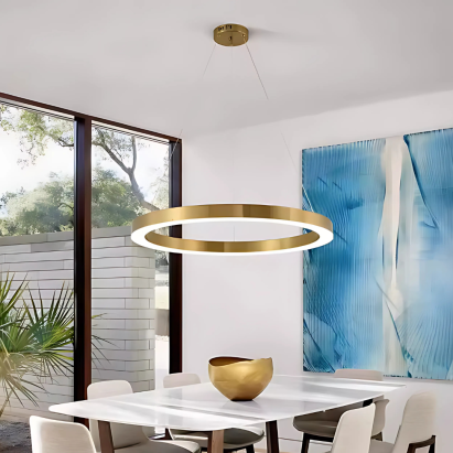 Lustra LED suspendata ANINA 33W, 1 Cerc, lumina Rece/Calda/Neutra, Dimabila, Auriu Lucios Alb, Inaltime Reglabila ModernLight Concept