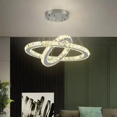 Lustra LED cu telecomanda si cristal PRISM LUMINIS 58W, 2 Cercuri, lumina Rece/Calda/Neutra, Dimabila, Argintiu, Inaltime Reglabila ModernLight Concept