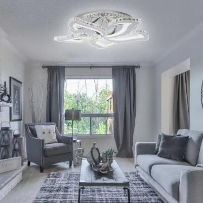 Lustra LED cu telecomanda si cristal Alejandro RGB 89W, 5 Flori, lumina Rece/Calda/Neutra, Dimabila, Crom Lucios ModernLight Concept