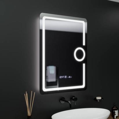Oglinda LED Rectangulara, 60x80cm, Eclat MotionGlow Marcello, Ceas & Termometru, Sistem Dezaburire, Lupa Cosmetica, Dimabila ModernLight Concept