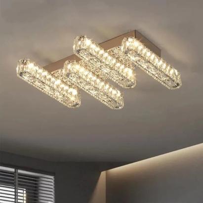 Lustra LED cu telecomanda si cristal PRISCILA 80W, 4 Elemente, Liniara, lumina Rece/Calda/Neutra, Dimabila, Crom Lucios ModernLight Concept