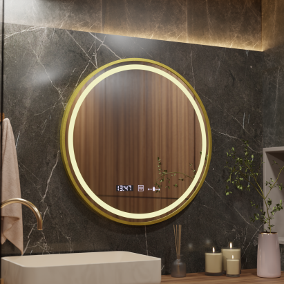 Oglinda LED Rotunda, 70cm, Celeste Royale Gold MotionGlow Marcello, Sistem Dezaburire, Ceas & Termometru, Dimabila ModernLight Concept