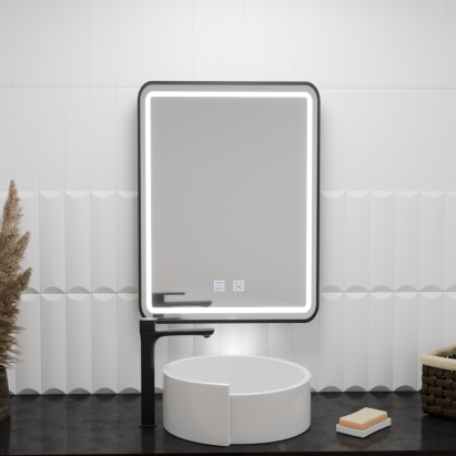 Oglinda LED Rectangulara 90x75cm Edge LUMINOUS Touch Sistem Dezaburire, Rama Neagra ModernLight Concept