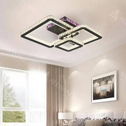 Lustra LED cu telecomanda si cristal BLAKELY RGB 166W, 3 Patrate, lumina Rece/Calda/Neutra, Dimabila, Negru ModernLight Concept