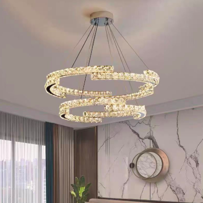 Lustra LED suspendata cu telecomanda si cristal MIA LATIFAH 70W, 2 Cercuri, lumina Rece/Calda/Neutra, Dimabila, Crom Lucios, Inaltime Reglabila ModernLight Concept