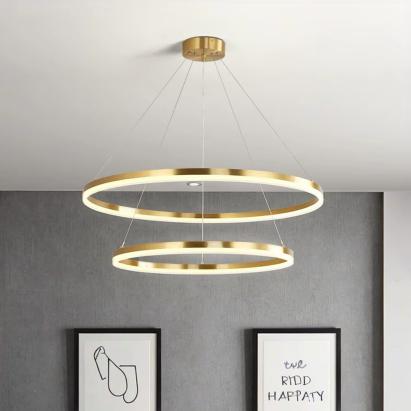 Lustra LED suspendata cu telecomanda CHRISTINE, 69W, 2 Cercuri, lumina Rece/Calda/Neutra, Dimabila, Auriu Lucios, Inaltime Reglabila ModernLight Concept