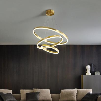 Lustra LED suspendata cu telecomanda ELIZABETH, 84W, 3 Cercuri, lumina Rece/Calda/Neutra, Dimabila, Auriu Lucios, Inaltime Reglabila ModernLight Concept