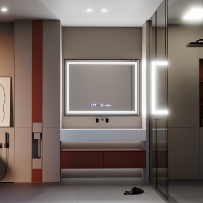Oglinda LED Rectangulara, 80x60cm, Verite Majeste Noir Motion Glow Marcello, Sistem Dezaburire, Ceas & Termometru, Dimabila ModernLight Concept
