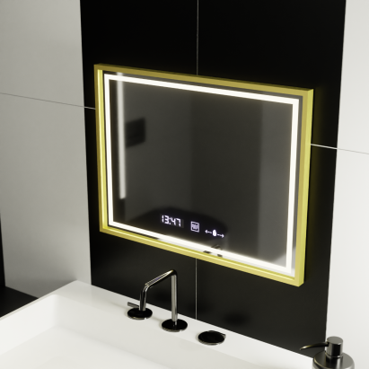 Oglinda LED Rectangulara, 80x60cm, Verite Royale Gold MotionGlow Marcello, Sistem Dezaburire, Ceas & Termometru, Dimabila ModernLight Concept