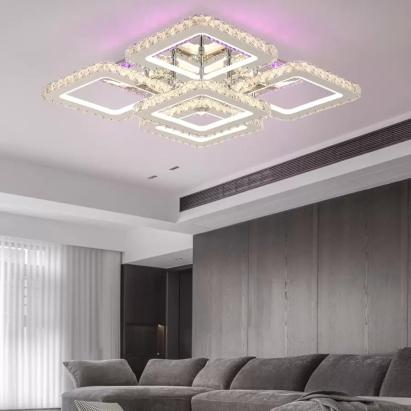 Lustra LED cu telecomanda cu cristal QUADRIA SUPREMO RGB, 148W, 5 Patrate, lumina Rece/Calda/Neutra, Dimabila, Crom Lucios ModernLight Concept