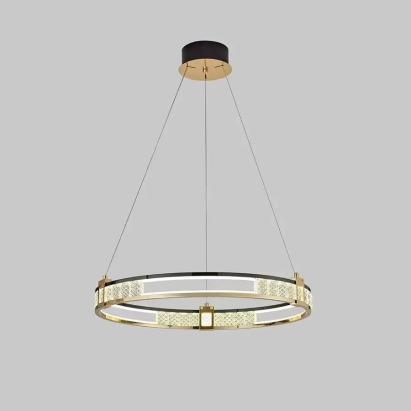Lustra LED suspendata cu telecomanda si cristal ROGER 80W, 1 Cerc, lumina Rece/Calda/Neutra, Dimabila, Auriu Lucios, Inaltime Reglabila ModernLight Concept