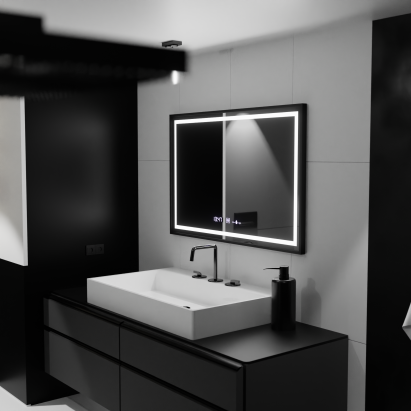 Oglinda LED Rectangulara, 120x80cm, Verite Majeste Noir Motion Glow Marcello, Sistem Dezaburire, Ceas & Termometru, Dimabila ModernLight Concept