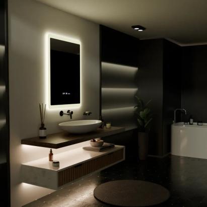 Oglinda LED Rectangulara, 60x80cm, Pugliesi Senzor MotionGlow Marcello, Sistem Dezaburire, Ceas & Termometru, Dimabila ModernLight Concept
