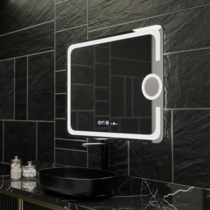 Oglinda LED Rectangulara, 80x60cm, Eclat MotionGlow Marcello, Sistem Dezaburire, Ceas & Termometru, Lupa Cosmetica, Dimabila ModernLight Concept